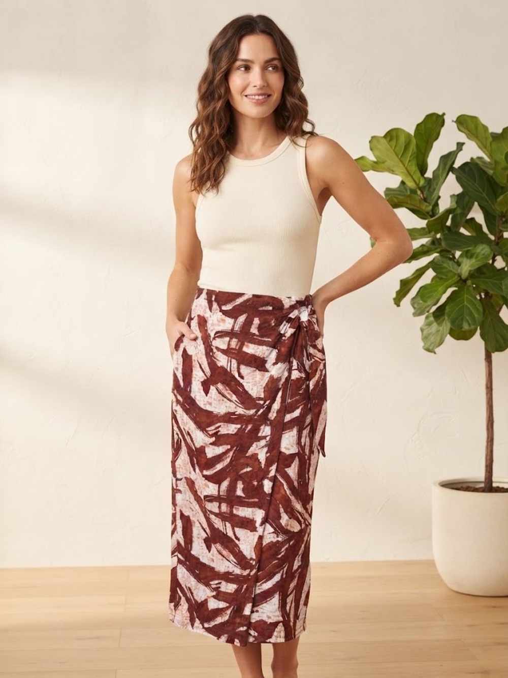 Mahina Linen Wrap Skirt in Rust Brown and Cream